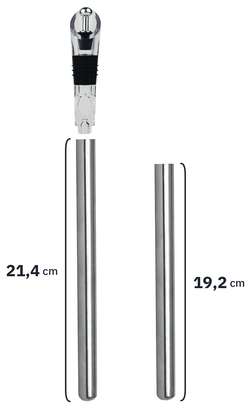 Zwei Kühlstäbe im Größenvergleich: langer Stab 21,4 cm, kurzer Stab 19,2 cm, mit aufgesetztem Ausgießer